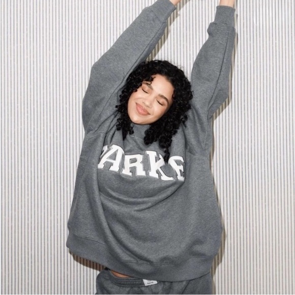 PARKE Varsity Fleece Mockneck Sweatshirt in Stormy Grey + White size L/XL EUC - Picture 12 of 12